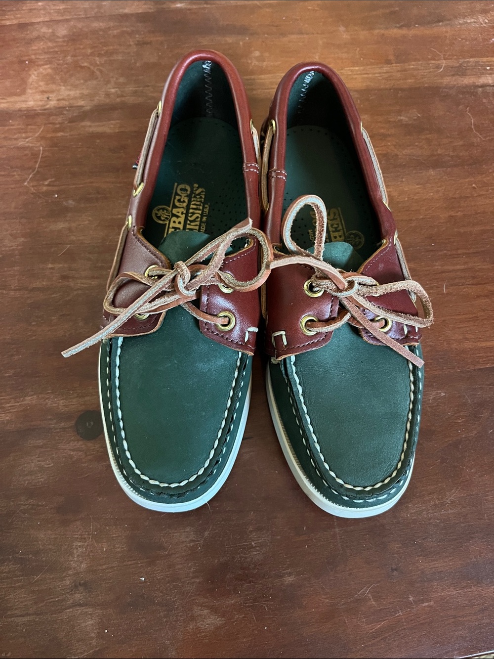 Sebago Two-Tone Green and Brown Leather Docksides Boat Shoes EUC